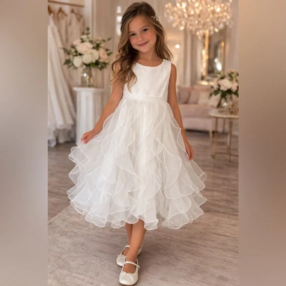 David’s Bridal White Flower Girl Dress Size 5 Layered Organza Wedding - Picture 1 of 7
